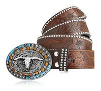 Yjfeshion Mens Western Leather Buckle Belt Studded Leather, Skull Bull Head Engraved Dark Brown Cowboy Concho Belts With Long Horn Bull Buckles, 1-1/2 Inch Wide M