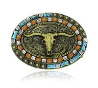Yjfeshion Oval Long Horn Bull Skull Belt Buckle Native American Vintage Turquoise Wooden Beads Western Cowboy Buckles for Men Gift Gold