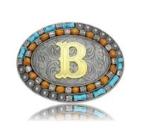 Yjfeshion Western Belt Buckle Golden Initial Letter ABCJMR to XYZ Vintage Turquoise Cowboy Belt Buckles for Men Women B
