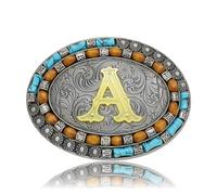 Yjfeshion Western Belt Buckle Golden Initial Letter ABCJMR to XYZ Vintage Turquoise Cowboy Belt Buckles for Men Women A