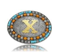 Yjfeshion Western Belt Buckle Golden Initial Letter ABCJMR to XYZ Vintage Turquoise Cowboy Belt Buckles for Men Women X