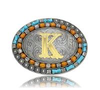Yjfeshion Western Belt Buckle Golden Initial Letter ABCJMR to XYZ Vintage Turquoise Cowboy Belt Buckles for Men Women K
