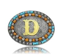 Yjfeshion Western Belt Buckle Golden Initial Letter ABCJMR to XYZ Vintage Turquoise Cowboy Belt Buckles for Men Women D