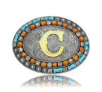 Yjfeshion Western Belt Buckle Golden Initial Letter ABCJMR to XYZ Vintage Turquoise Cowboy Belt Buckles for Men Women C
