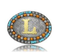Yjfeshion Western Belt Buckle Golden Initial Letter ABCJMR to XYZ Vintage Turquoise Cowboy Belt Buckles for Men Women L