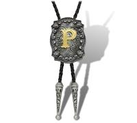 Yjfeshion Western Bolo Tie Golden Initial Letter ABJR to XYZ Cowboy Necktie Handmade Leather Bolo Tie for Men Women P