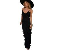 YJHLY Beach Dress Long Dress Summer Fashion Falbala Falbala Solid Color Trail Backless Sense Design Party Style Sleevess-20863- Black-S