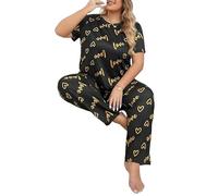 YJHLY Ladies Fleece Pyjamas Plus Size Xl-5Xl Women'S Pajamas Spring Autumn Winter Short-Sleeved Home Clothes Lady Loose Letter Love Printing Lounge Set-Black-Xl