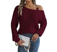 YJHLY Ladies Sweater Autumn Winter Buckle Off Shoulder Sweater Solid Color Slash Neck Lantern Long Sleeves Knitted Pullovers Women Clothes-Burgundy-L