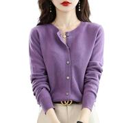 YJHLY Ladies Sweater Chic Autumn Winter Women‘S O-Neck Cardigan Sweater Solid Knitted Female Cardigan-Purple-M
