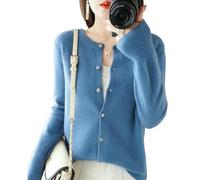 YJHLY Ladies Sweater Chic Autumn Winter Women‘S O-Neck Cardigan Sweater Solid Knitted Female Cardigan-Haze Blue-M