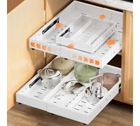 YJHome 1 Pack Pull Out Cabinet Organizer Expandable with Magnetic Divider, Slide Out Drawer with Cutout Pattern Adjustable Width Depth for Kitchen Cupboards Bathroom Storage, White