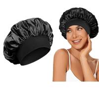 YjkjYii 1 x Satin Hair Cap, Silk Hood for Sleeping, Extra Large Waterproof Shower Cap, Sleep Cap Silk, Sleep Cap Hair Protect Hair, Hair Net for Women and Girls (Black)