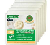 YJL Organic Cheese Cloths Grade 100, 6 PCS 20x20 Inch, Hemmed Unbleached Cheesecloth for Straining, Ultra Fine Reusable Cheesecloth for Cooking, Roasting, Cheese Making, Steaming