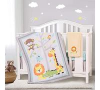 YJM 4Pcs Cot Bedding Sets Boy , Zoo Baby Bedding Sets Neutral Comter Fitted Sheet Cot Skirt Blanket,Nursery Bedding Set , Zoo Brown