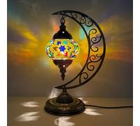 Yjmgrowing Turkish Moon Table Lamps Mosaic Colored Glass Desk Lights Moroccan Handmade Decor Bedside Lights for Bedroom Living Room Cafe Bar, W9.5″H15.3″,A