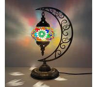 Yjmgrowing Turkish Moon Table Lamps Mosaic Colored Glass Desk Lights Moroccan Handmade Decor Bedside Lights for Bedroom Living Room Cafe Bar, W9.5″H15.3″,F