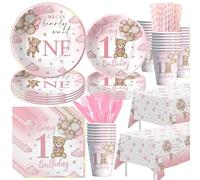 YJRJSC Bear 1st Birthday Decorations Girl, Pink Teddy Bear Theme We Can Bearly Wait One Party Supplies Tableware, First Birthday Paper Plate, Cup, Tablecloth, Napkin, Cutlery, Straws, Serves 24