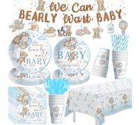 YJRJSC Bear Baby Shower Decorations for Boy, Blue Teddy Bear Theme We Can Bearly Wait Baby Shower Decorations Party Supplies, Paper Plate, Cup, Banner, Tablecloth, Napkin, Swirls, Cutlery, Serves 24