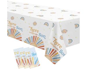 YJRJSC Here Comes The Son Baby Shower Decorations Tablecloth, Disposable Boho Sun Baby Shower Party Supplies Tablecover, Sunshine Baby Boy Table Decorations Table Cloth, 3 Pcs, 54in x 108in