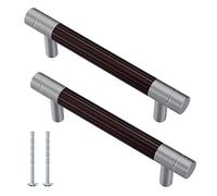 YJROOMS 5 Pack Brown+Brushed Nickel 102mm Hole Center Kitchen Handles Cupboard Handle T Bar Cabinet Knobs for Kitchen Bathroom Round Drawer Furniture Pull