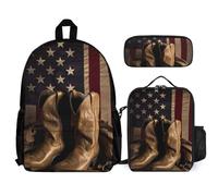 YJWANDO 3-in-1 Backpack Set, American Flag with Cowboy Boots Print Lunch Bag Set Backpack with Lunch Bag Lunch Bag Combo Set Small Backpack Lunch Bag Combo