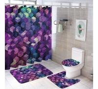 YJWANDO 4 Pcs Bathroom Shower Curtain Set Abstract Color Cubes Purple Print Bathroom Sets with Rugs(Bath Mat,u Shape and Toilet Lid Cover Mat) and 12 Hooks, Style