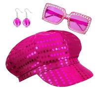 YJWCZJ 3-Piece Pink Sequin Disco Accessory Set, ABBA Costume Accessories for Women, 70s Fancy Dress Outfits, Women Theme Party Birthday Dance, Music Festival & Stage Performance Glam