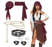 YJWCZJ 6-Piece Pirate Accessories Set, Pirate Costume Women Complete Outfit with Bandana, Belt, Wristband & 2 Eye Patches, for Halloween, Carnival, Pirates Theme Parties & Cosplay