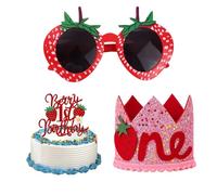 YJWCZJ Berry First Birthday, Three-Piece 1st Birthday Decorations for Girls, Photo Prop Set with Hat, Glasses and Cake Topper, Berry Theme Party Supplies, Adjustable Glitter Headband