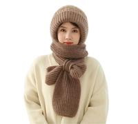 YJWZ Knitted Hooded Scarf 2 in 1 Integrated Ear Protection Cap Flannel Plus Velvet Thick Windproof Cap Winter Warm Hat with Scarf for Women Khaki