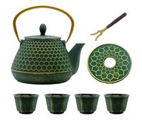 YJX Cast Iron Teapot and Cups Set, 33.8oz Hexagon Pattern Tea Pot Enameled Interior, Tea Kettle for Stovetop, Japanese Teapot Set with Teacups for Adults, Green Kettle with Infuser for Loose Leaf