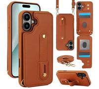 YJZSKRXFAK Case for iPhone 17 6.3", Slim Leather Phone Case with 2 Card Slots Holder Slide Wrist Strap Adjustable Wristband Kickstand for iPhone 17 6.3"-Brown
