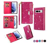 YJZSKRXFAK Shining Starry Sky Case for Google Pixel 6a Magnetic Zipper Wallet Leather Phone Cover Cash Pocket with Wrist Strap 6-8 Card Slots Holder Case-Rose Red