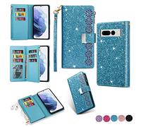 YJZSKRXFAK Shining Starry Sky Case for Google Pixel 6a Magnetic Zipper Wallet Leather Phone Cover Cash Pocket with Wrist Strap 6-8 Card Slots Holder Case-Sky Blue