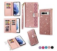 YJZSKRXFAK Shining Starry Sky Case for Google Pixel 7a Magnetic Zipper Wallet Leather Phone Cover Cash Pocket with Wrist Strap 6-8 Card Slots Holder Case-Rose Gold