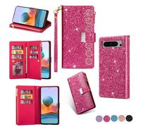 YJZSKRXFAK Shining Starry Sky Case for Google Pixel 8a Magnetic Zipper Wallet Leather Phone Cover Cash Pocket with Wrist Strap 6-8 Card Slots Holder Case-Rose Red