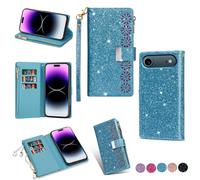 YJZSKRXFAK Shining Starry Sky Case for iPhone 17 Pro Magnetic Zipper Wallet Leather Phone Cover Cash Pocket with Wrist Strap 6-8 Card Slots Holder for iPhone 17 Pro-Sky Blue