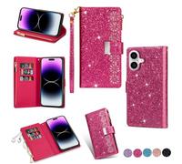 YJZSKRXFAK Shining Starry Sky Case for Samsung Galaxy A07 4G Magnetic Zipper Wallet Leather Phone Cover Cash Pocket with Wrist Strap 6-8 Card Slots Holder Case-Rose Red