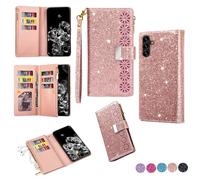 YJZSKRXFAK Shining Starry Sky Case for Samsung Galaxy A17 5G Magnetic Zipper Wallet Leather Phone Cover Cash Pocket with Wrist Strap 6-8 Card Slots Holder Case-Rose Gold
