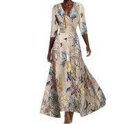 yk8fass V-Neck Print Swing Dress lm-7909, Champagne, M