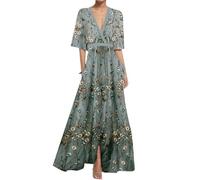 yk8fass V-Neck Print Swing Dress lm-7909, Grey, XL