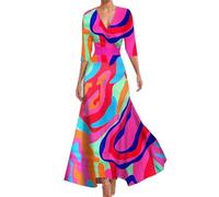 yk8fass V-Neck Print Swing Dress lm-7909, Multicolor, M
