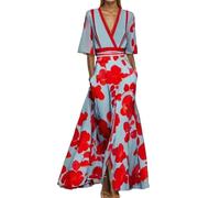yk8fass V-Neck Print Swing Dress lm-7909, Red, M