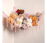 YKBU Stuffed Animals Hammock Corner Hanging Net for Macrame Stuffed Animal Storage Plush Toy Holder Toy Organizer for Boho Nursery Playroom Bedroom Kids Room Decor (light pink, Large)