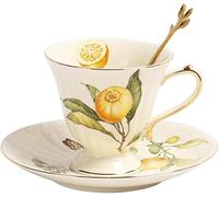 YKJGRTF Ceramic Coffee Cup Saucer Spoon Set,Coffee Cups,Bone China White Gold Lemon Teapot Coffee Cup Saucer Set Kitchen Drinkware for Coffee Tea Milk Water