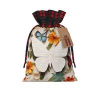 YKJJFVZ White Floral Pattern Colorful Butterflies Print Drawstring Gift Bags,Christmas Gift Wrapping Sacks Pouches For Xmas Presents Party Favor