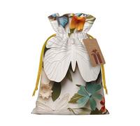 YKJJFVZ White Floral Pattern Colorful Butterflies Print Medium Size Drawstring Gift Bags Jewelry Pouches For Candy Wedding Favors Christmas
