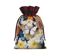 YKJJFVZ White Floral Pattern Colorful Butterflies3 Print Drawstring Gift Bags,Christmas Gift Wrapping Sacks Pouches For Xmas Presents Party Favor