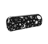 Ykklima Black White Moon and Star Pattern Leather Pencil Case Zipper Pen Makeup Cosmetic Holder Pouch Stationery Bag for School Work Office